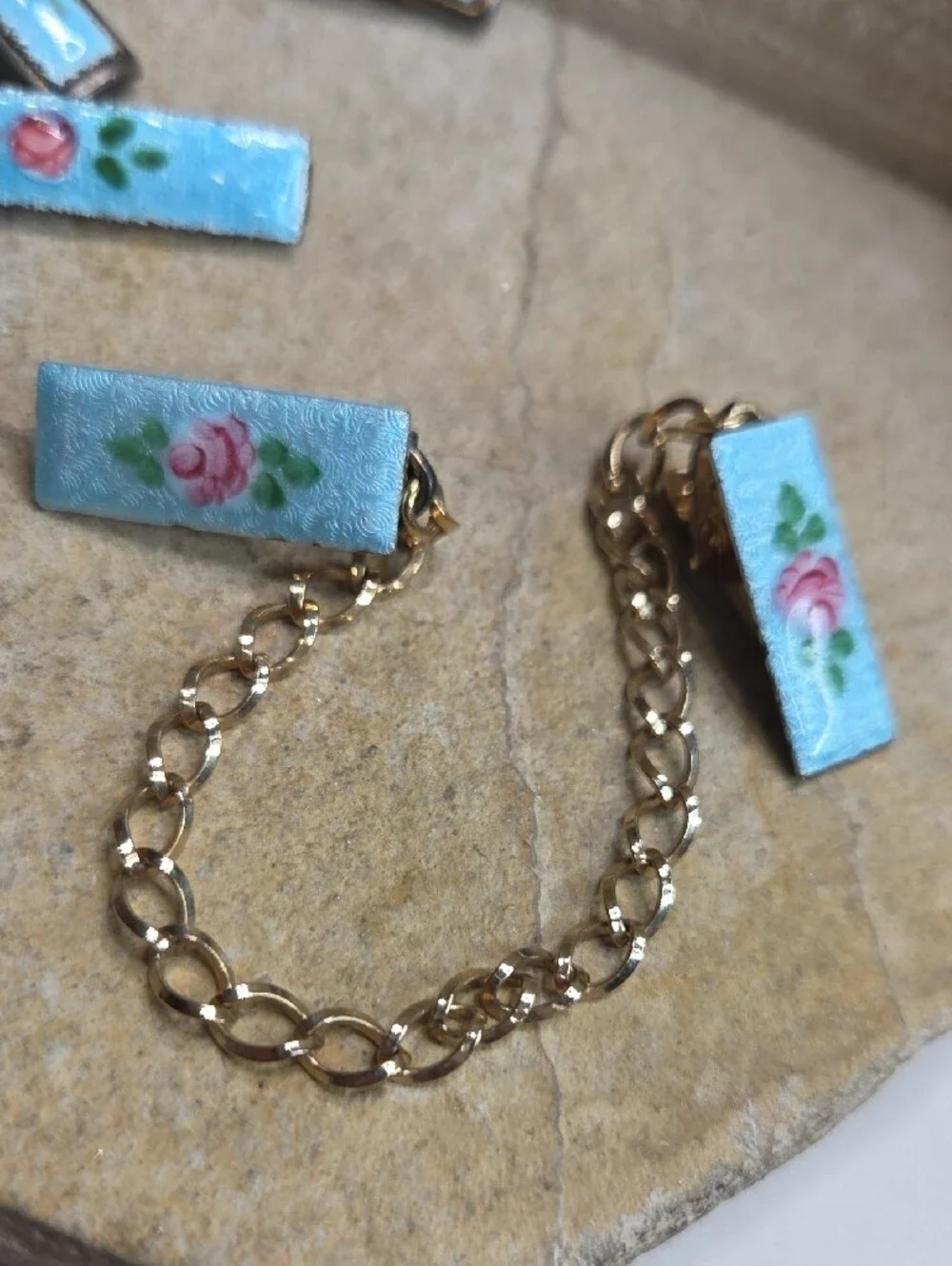 Antique Guilloche Sweater Clips, Hair Pins Floral Hand-Painted Blue Enamel Set
